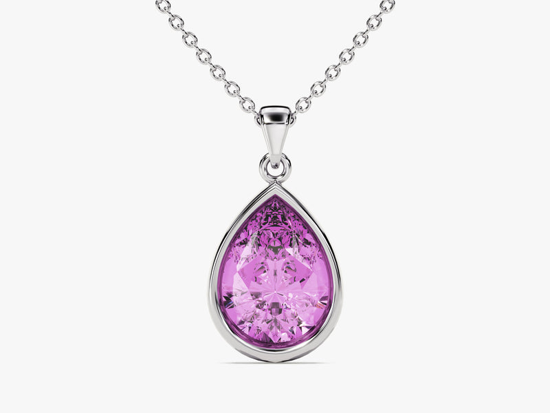 Pink Tourmaline Bezel Set Pear Pendant Necklace in 14k Solid Gold