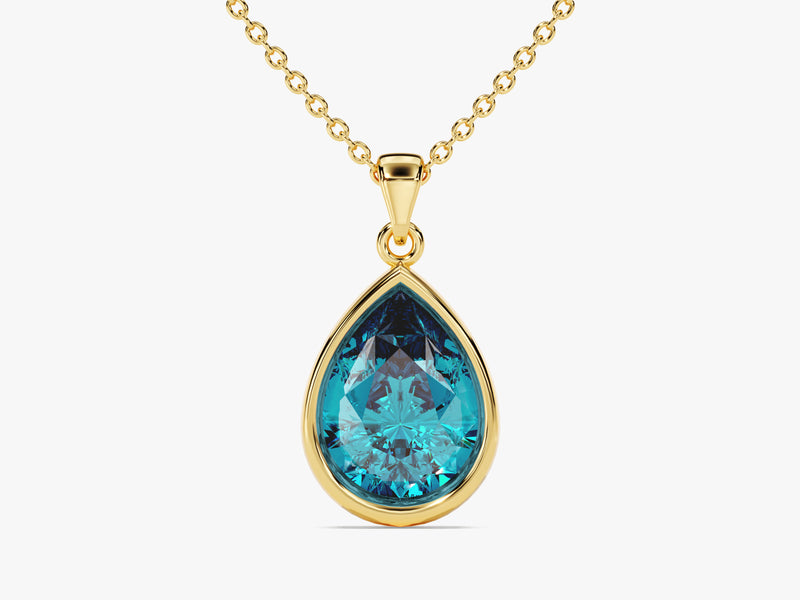 Blue Topaz Bezel Set Pear Pendant Necklace in 14k Solid Gold