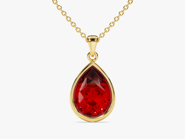 Ruby Bezel Set Pear Pendant Necklace in 14k Solid Gold
