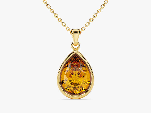 Citrine Bezel Set Pear Pendant Necklace in 14k Solid Gold