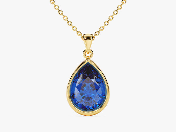 Sapphire Bezel Set Pear Pendant Necklace in 14k Solid Gold