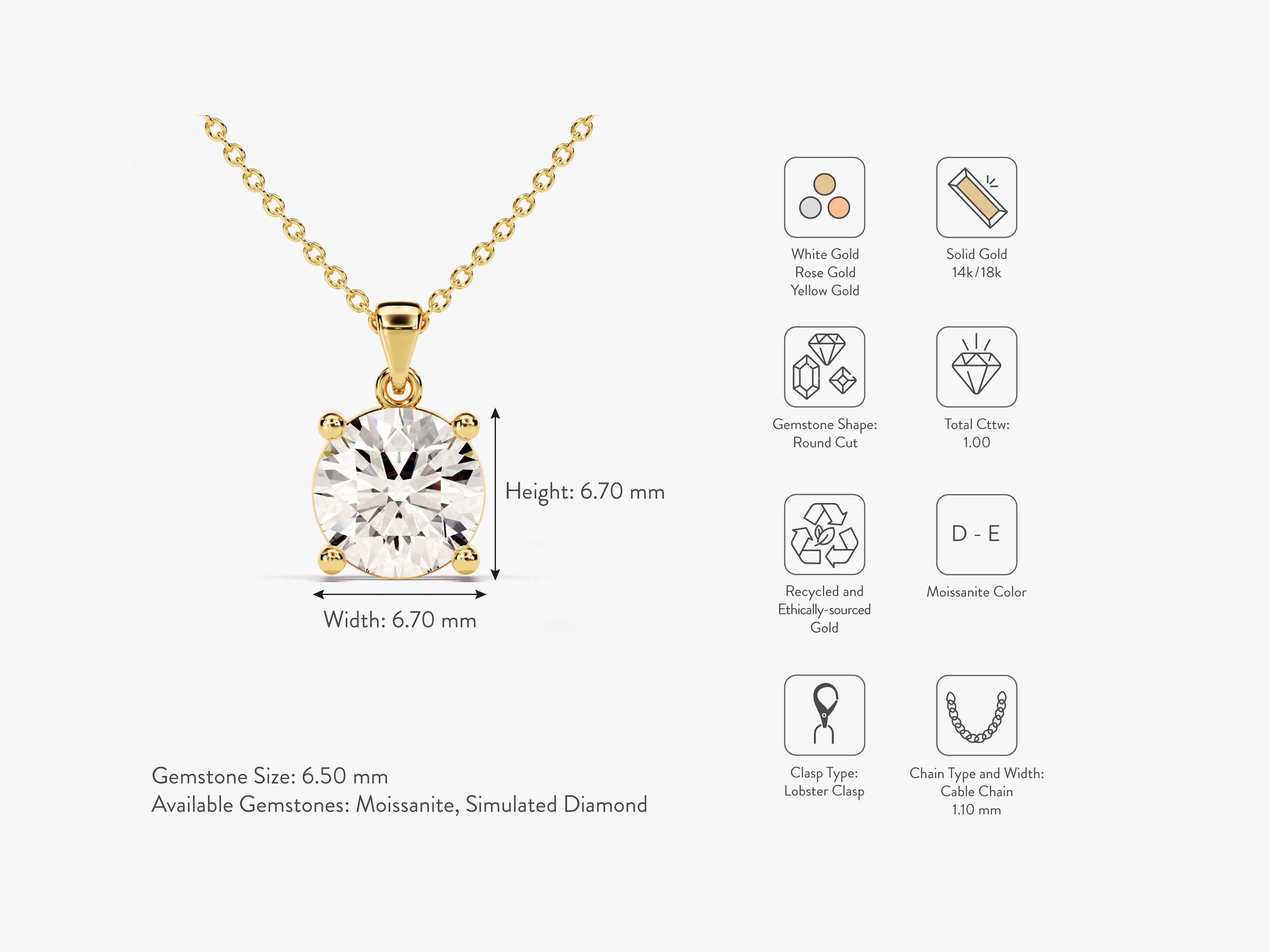 Gold necklace with round cut moissanite diamond pendant