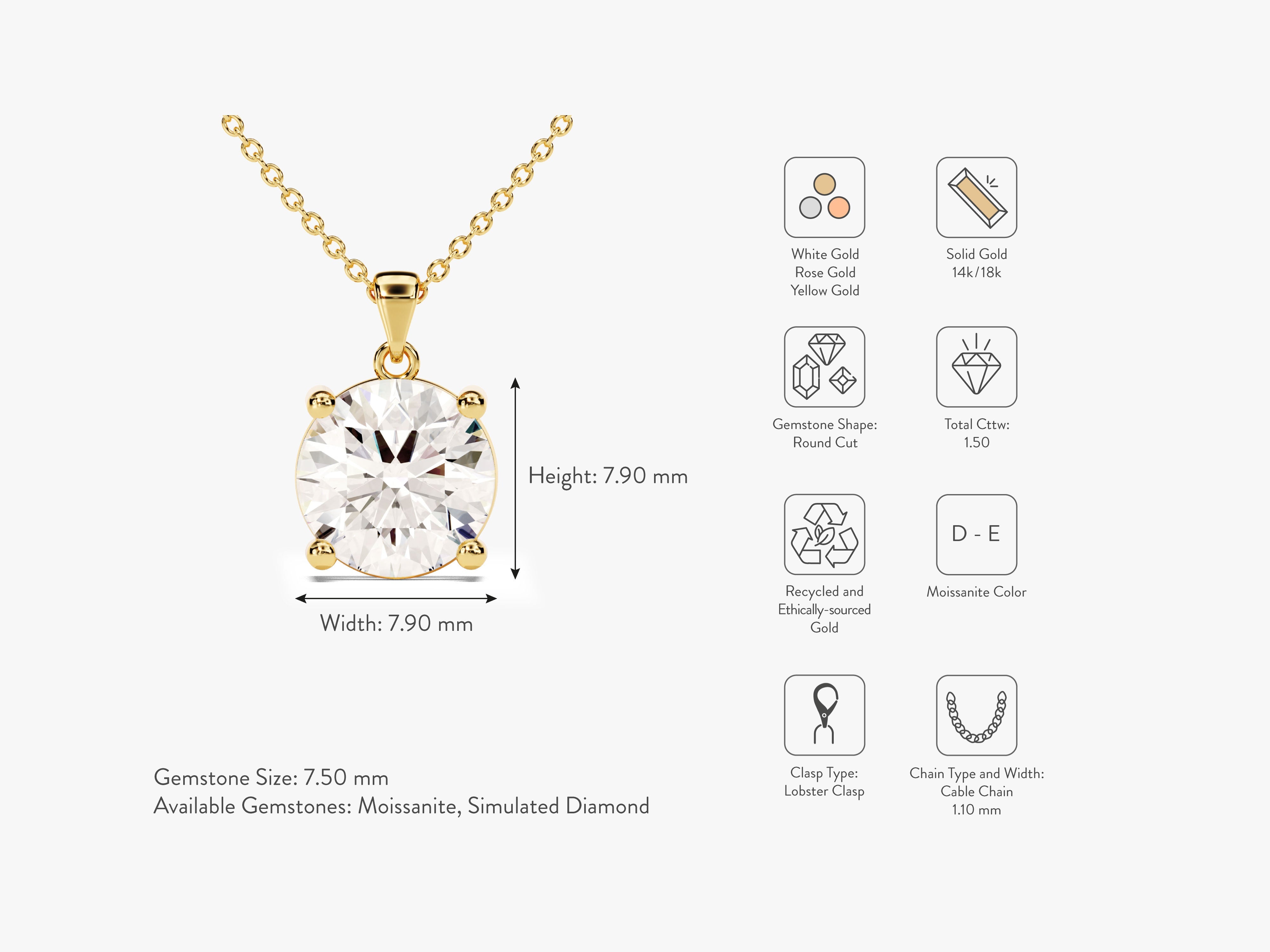 Gold necklace with round cut moissanite gemstone