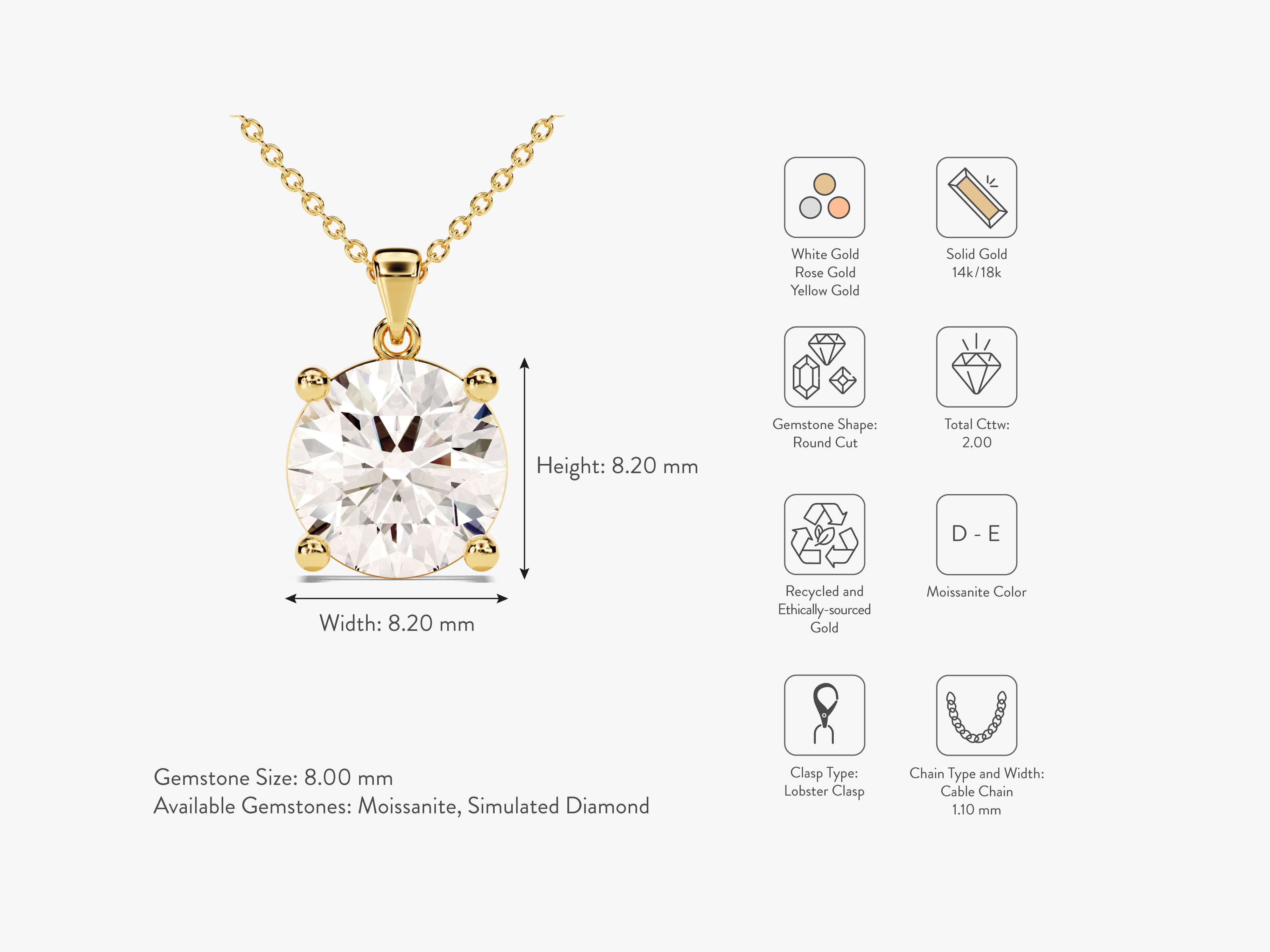 Gold necklace with round cut moissanite gemstone and 14k/18k gold options