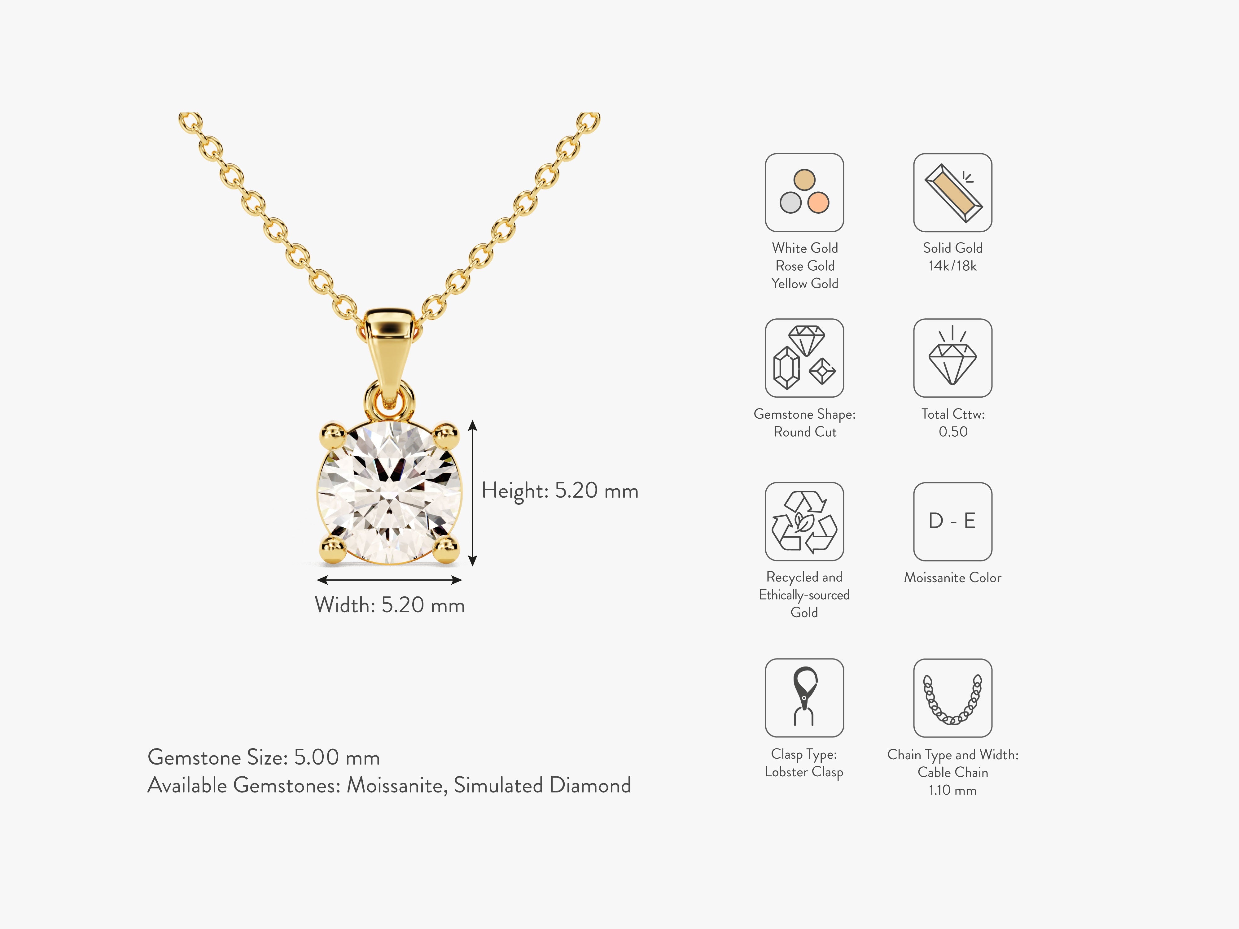 Gold necklace with round moissanite gemstone, jewelry details