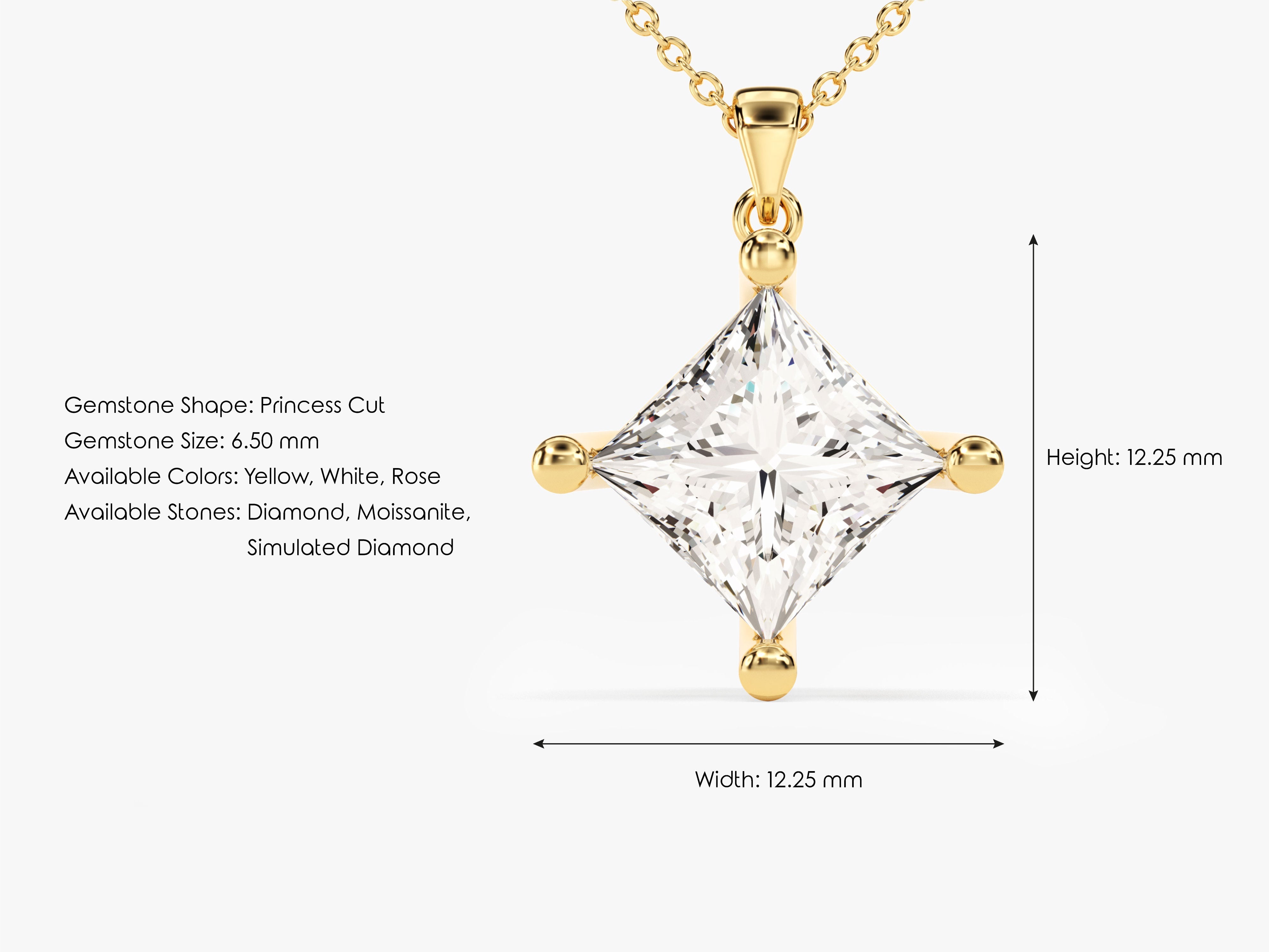 Gold princess cut diamond pendant necklace, 6.50 mm gemstone
