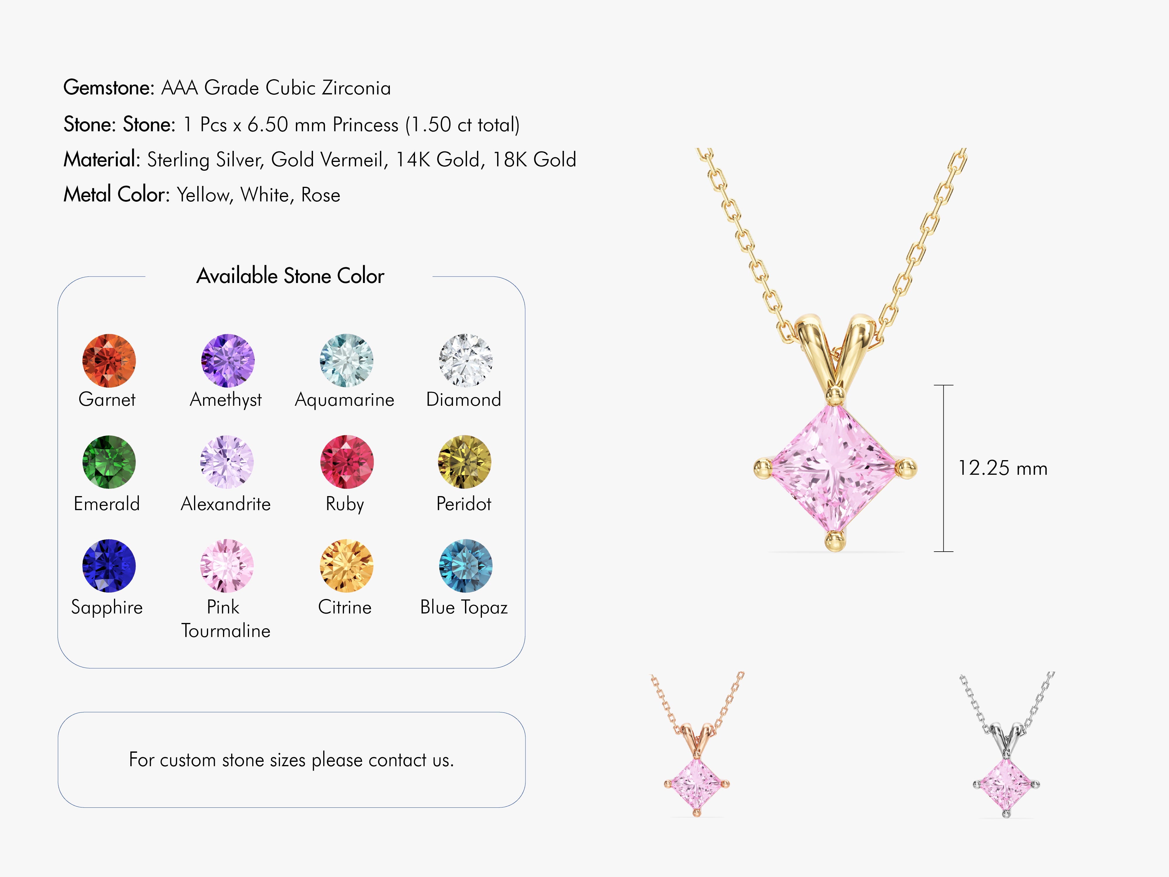 Princess cut cubic zirconia necklace in gold vermeil, 14K, 18K gold