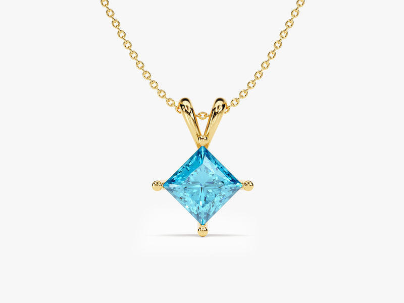 Double Bail Blue Topaz Solitaire Pendant Necklace in 14k Solid Gold