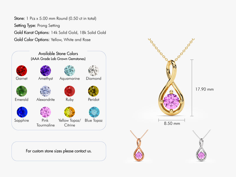 Infinity Solitaire Pink Tourmaline Necklace in 14k Solid Gold