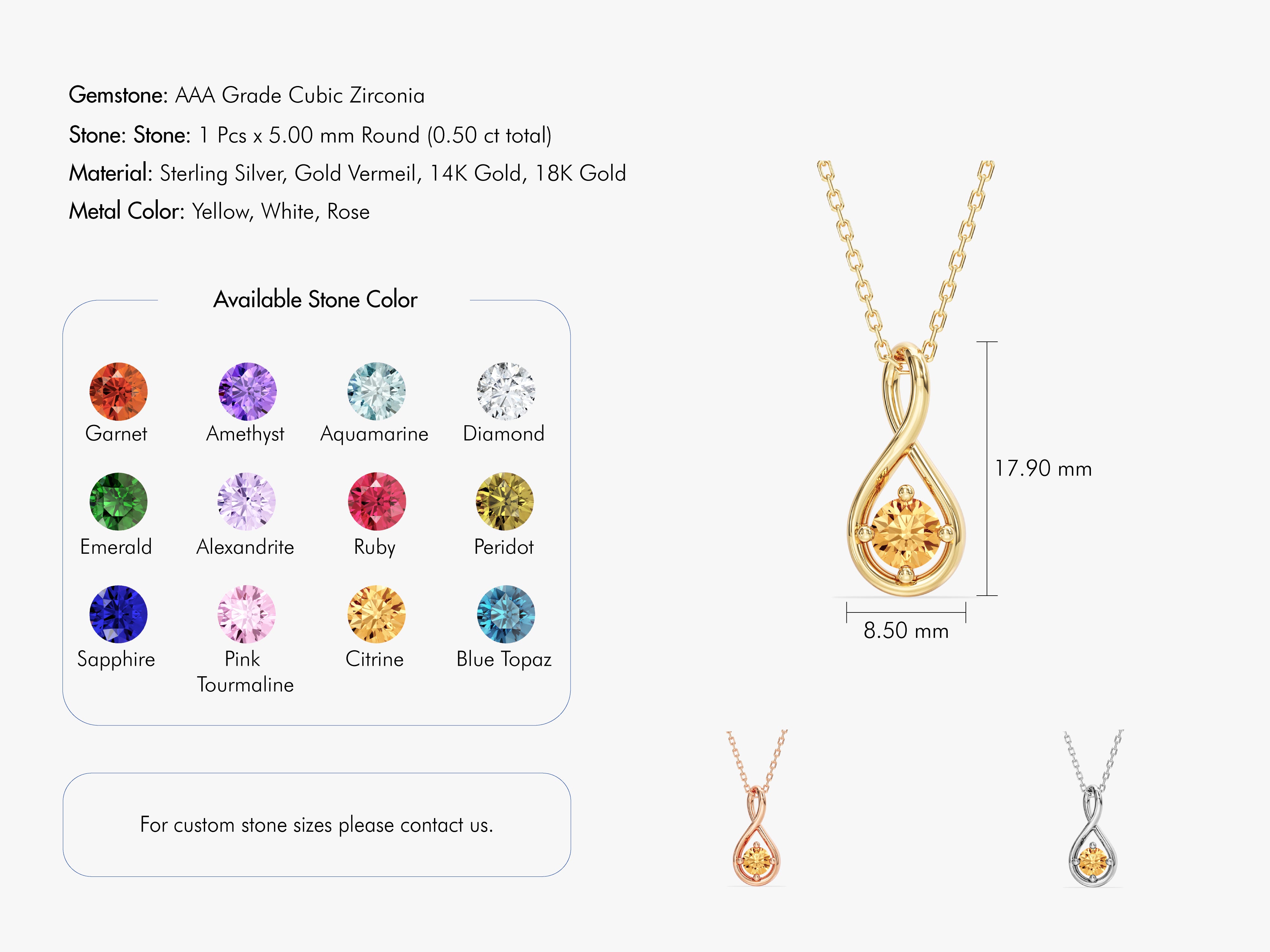 Gold infinity pendant necklace with customizable AAA cubic zirconia gemstone