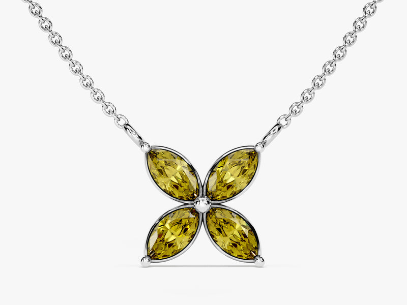 Marquise Cut Peridot Clover Charm Necklace in 14k Solid Gold