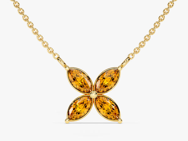 Marquise Cut Citrine Clover Charm Necklace in 14k Solid Gold