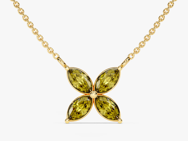 Marquise Cut Peridot Clover Charm Necklace in 14k Solid Gold