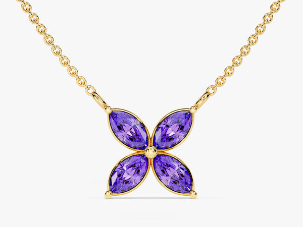 Marquise Cut Amethyst Clover Charm Necklace in 14k Solid Gold