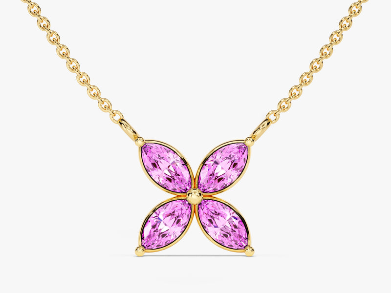 Marquise Cut Pink Tourmaline Clover Charm Necklace in 14k Solid Gold