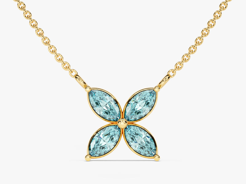 Marquise Cut Aquamarine Clover Charm Necklace in 14k Solid Gold