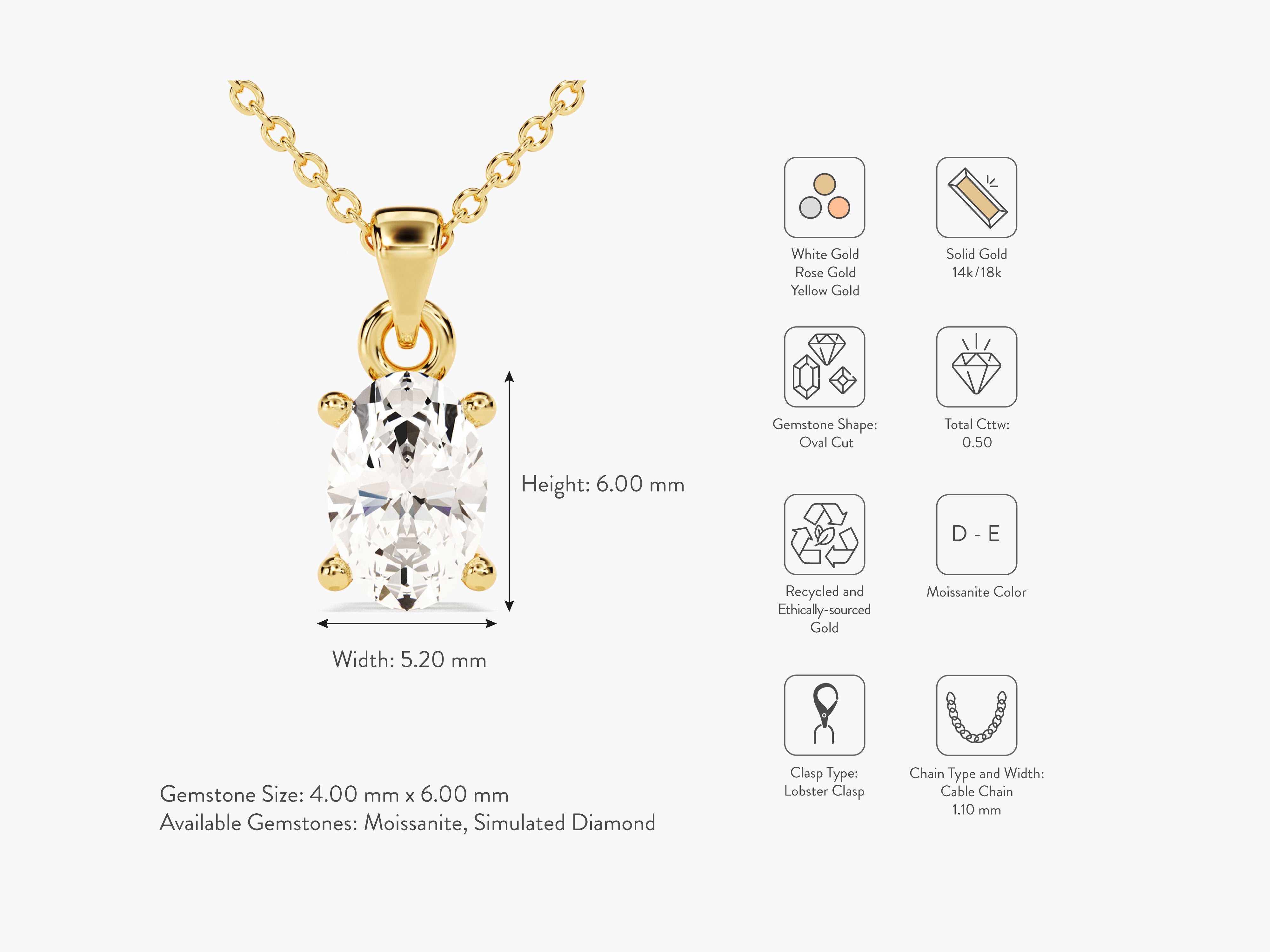 Oval moissanite pendant necklace in solid gold jewelry