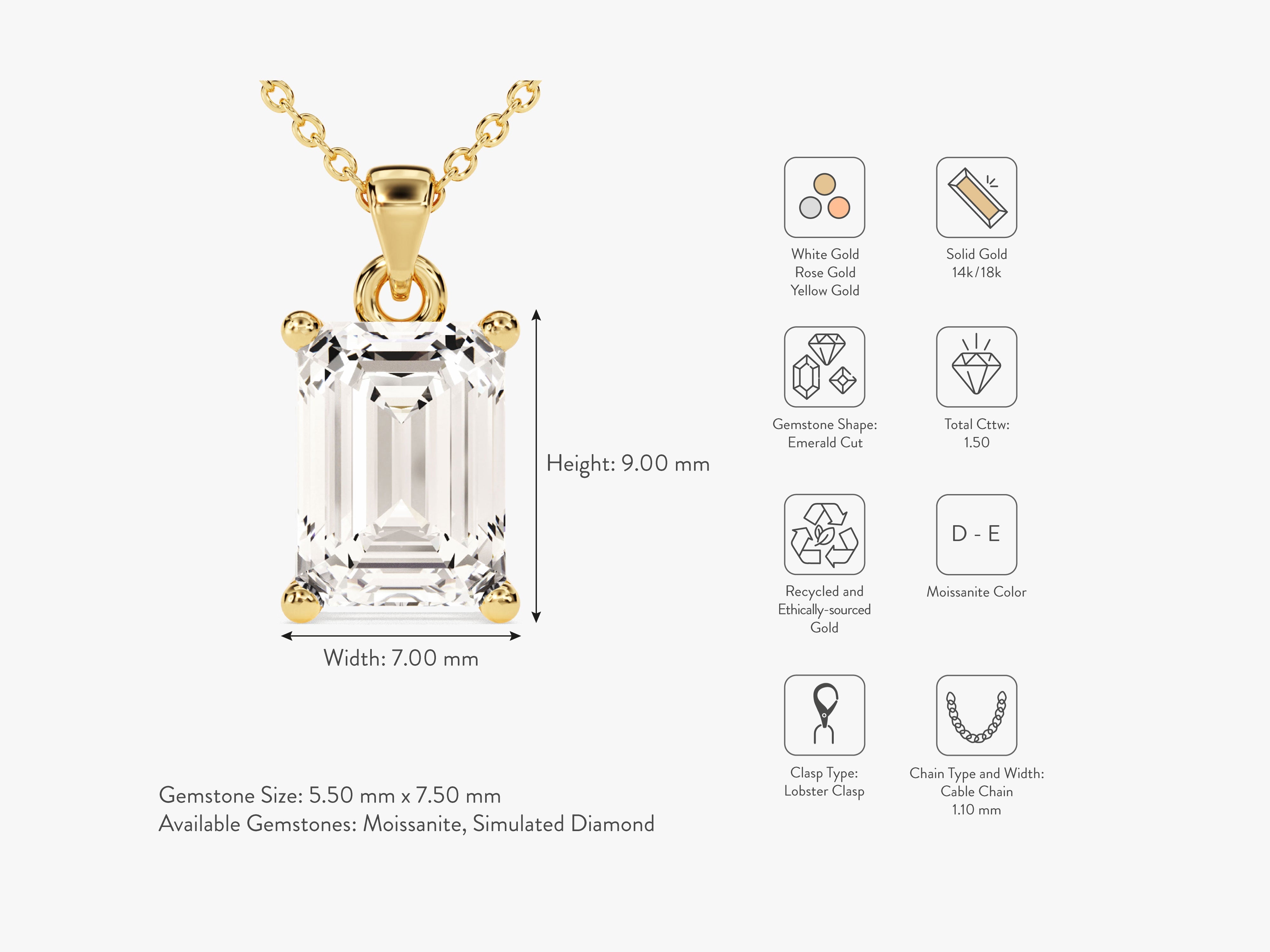 Emerald cut moissanite pendant necklace in solid gold
