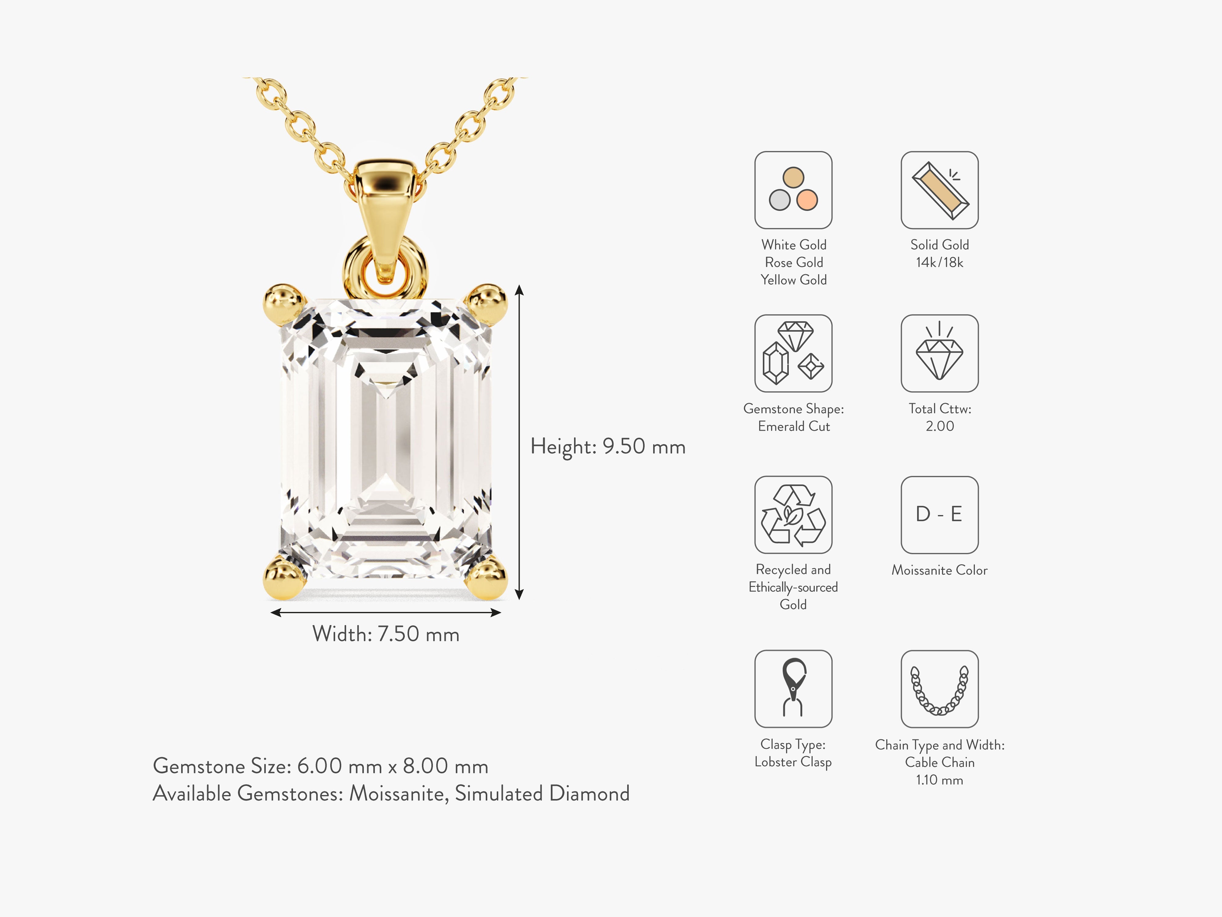 Emerald cut moissanite pendant necklace in solid gold