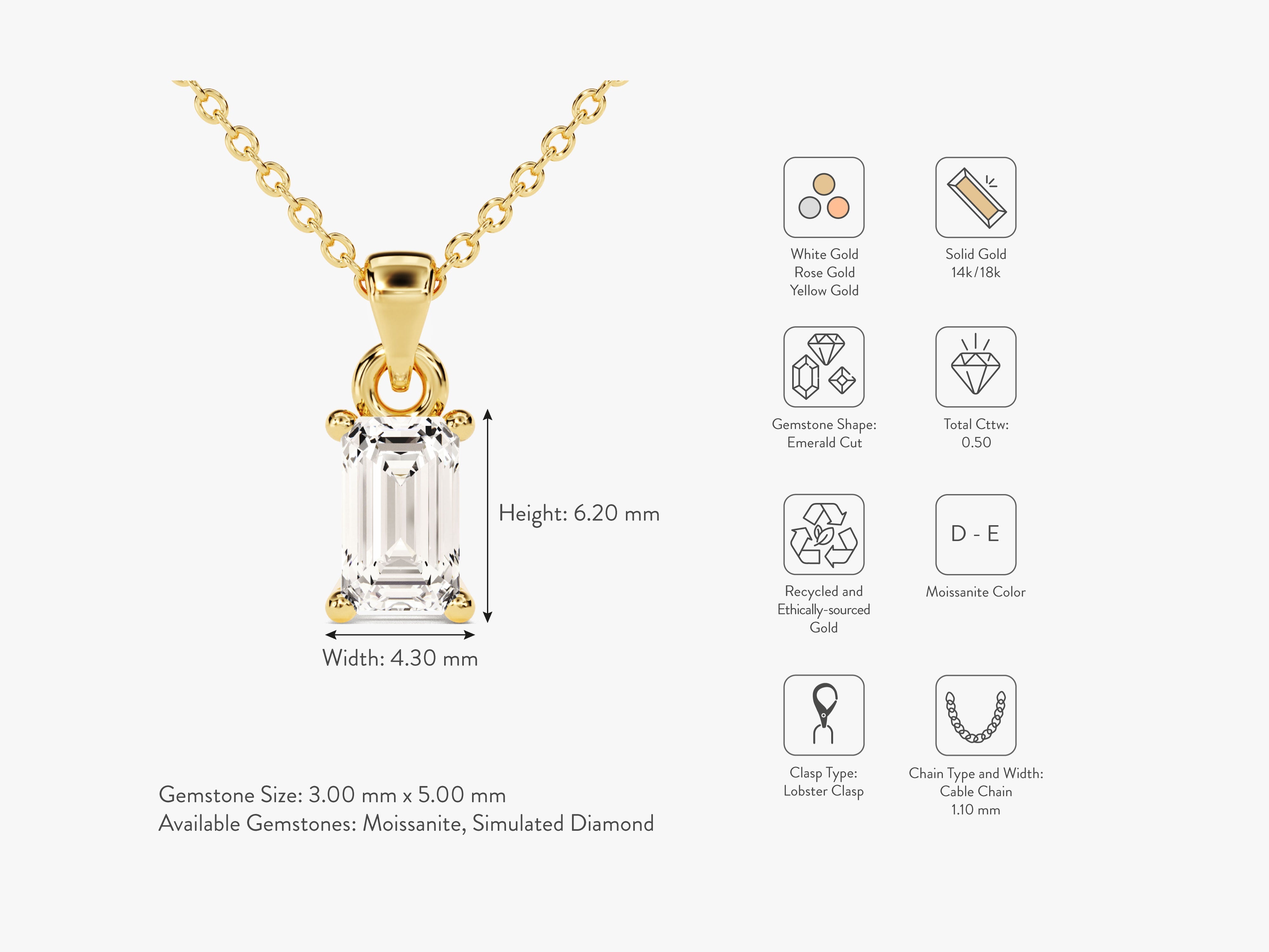 Gold necklace with emerald cut moissanite gemstone, jewelry details