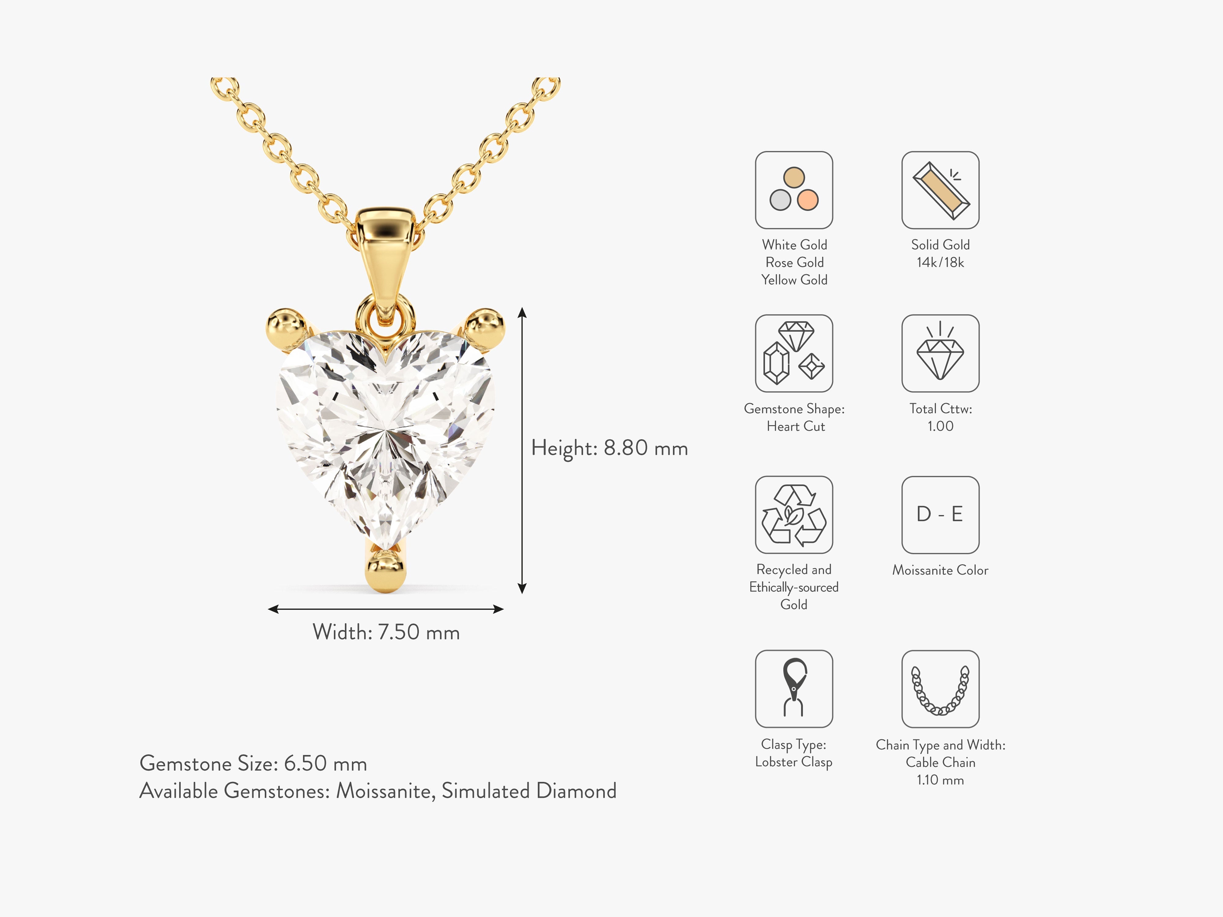 Gold heart cut moissanite necklace, 1.00 cttw, D-E color