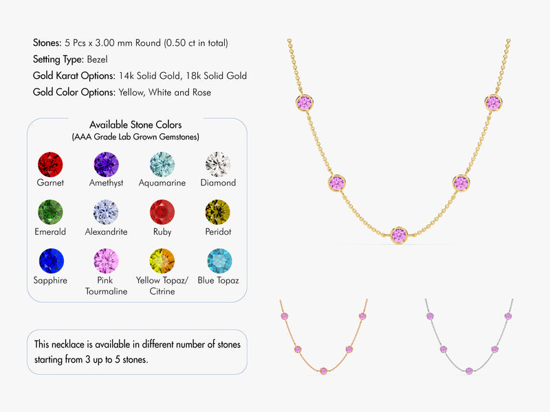 Bezel Set Pink Tourmaline Station Necklace in 14k Solid Gold