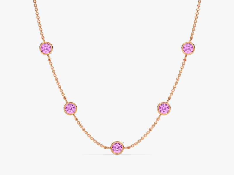 Bezel Set Pink Tourmaline Station Necklace in 14k Solid Gold