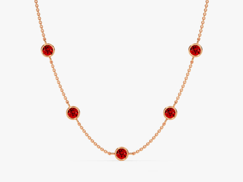 Bezel Set Garnet Station Necklace in 14k Solid Gold