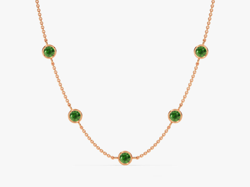 Bezel Set Emerald Station Necklace in 14k Solid Gold