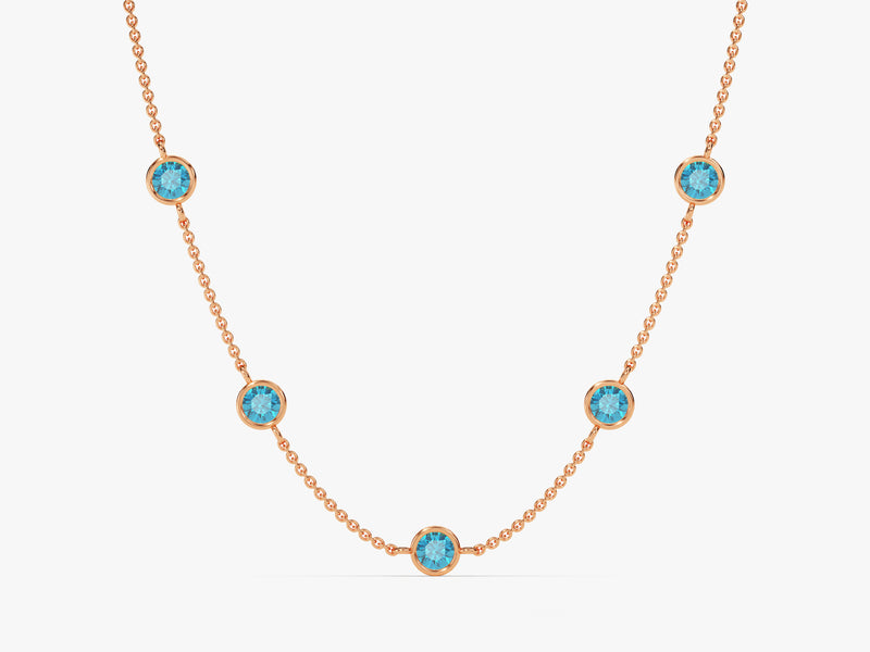 Bezel Set Blue Topaz Station Necklace in 14k Solid Gold