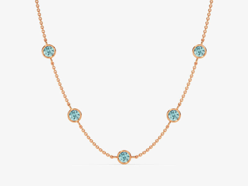 Bezel Set Aquamarine Station Necklace in 14k Solid Gold