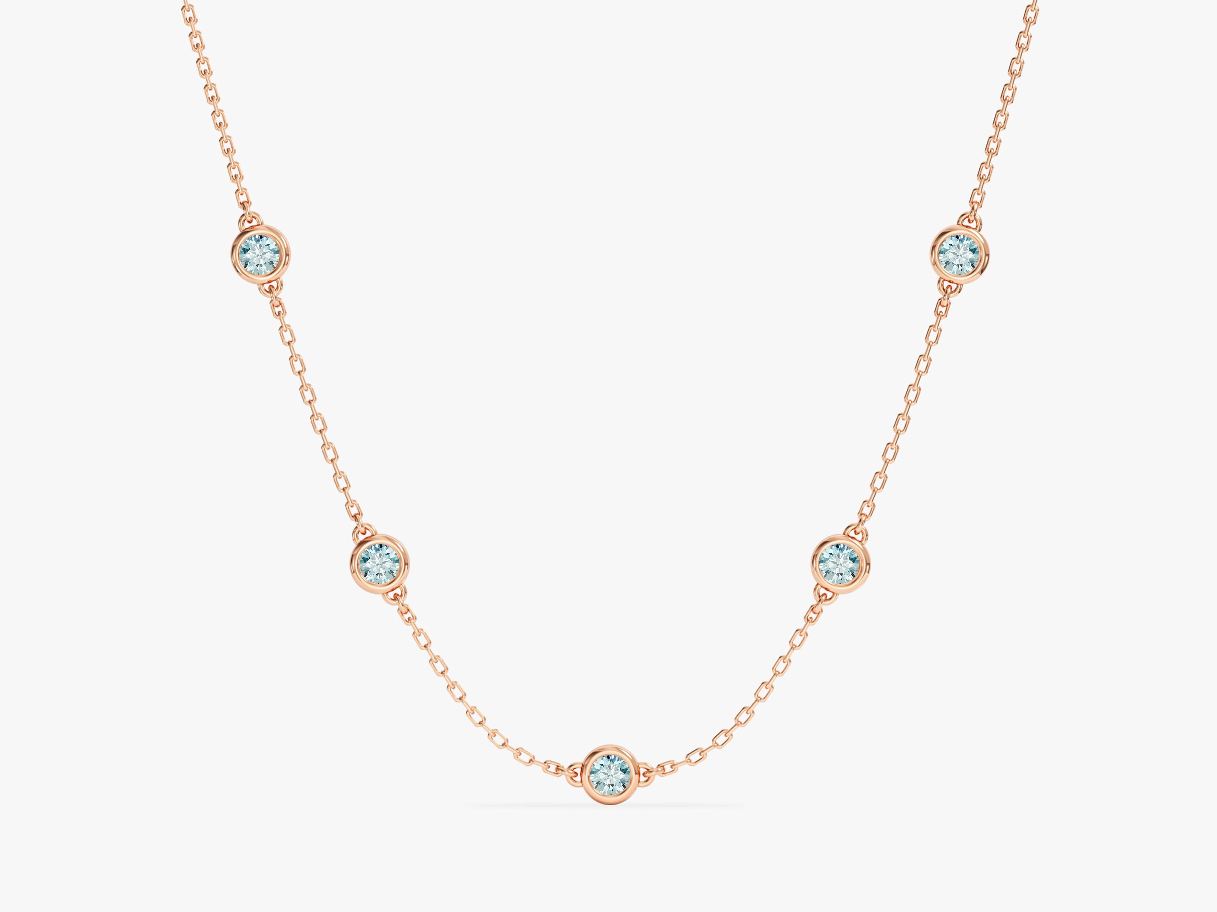 Bezel Set Aquamarine Station Necklace in 14k Solid Gold