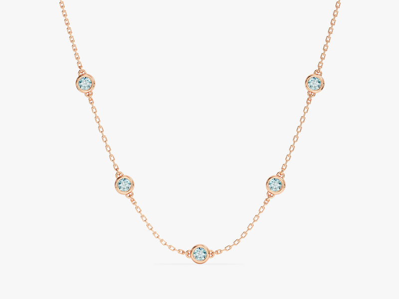 Bezel Set Aquamarine Station Necklace in 14k Solid Gold