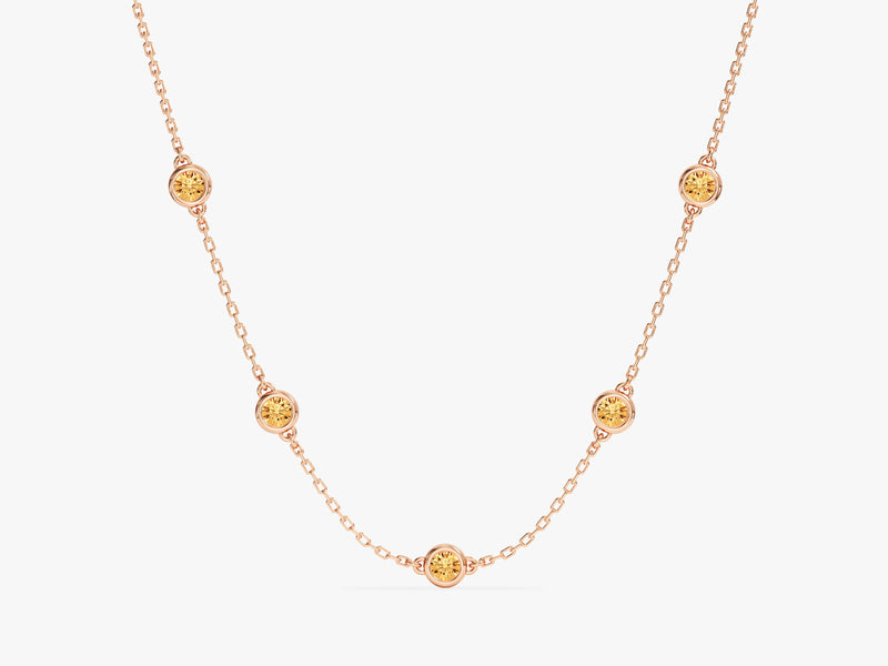 Bezel Set Citrine Station Necklace in 14k Solid Gold