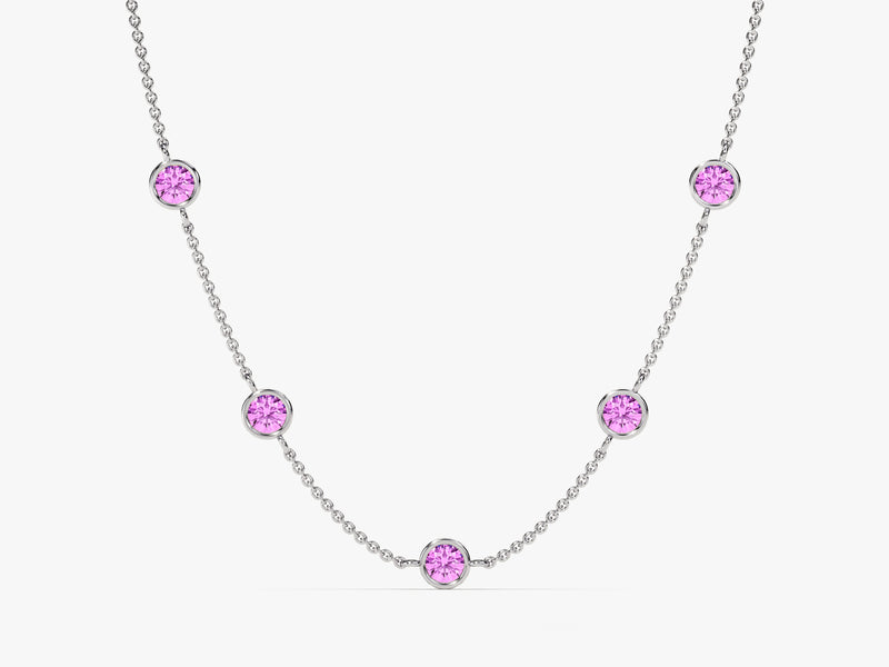 Bezel Set Pink Tourmaline Station Necklace in 14k Solid Gold