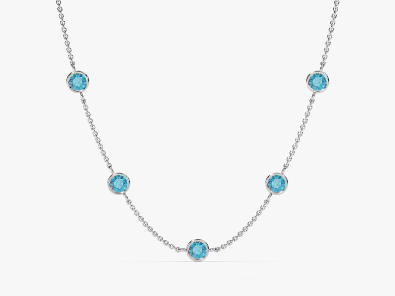 Bezel Set Blue Topaz Station Necklace in 14k Solid Gold