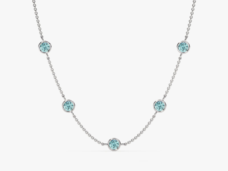 Bezel Set Aquamarine Station Necklace in 14k Solid Gold