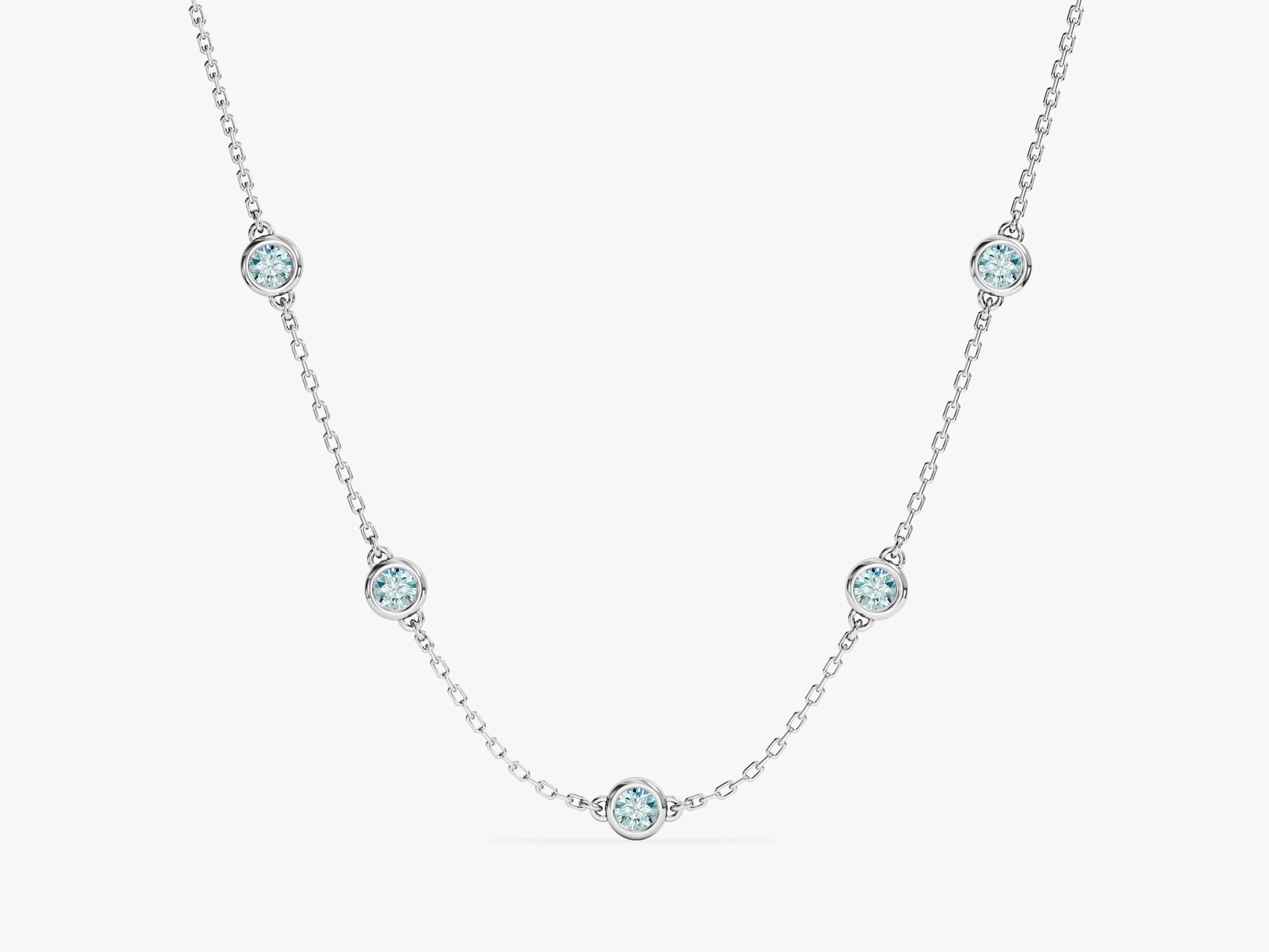 Bezel Set Aquamarine Station Necklace in 14k Solid Gold