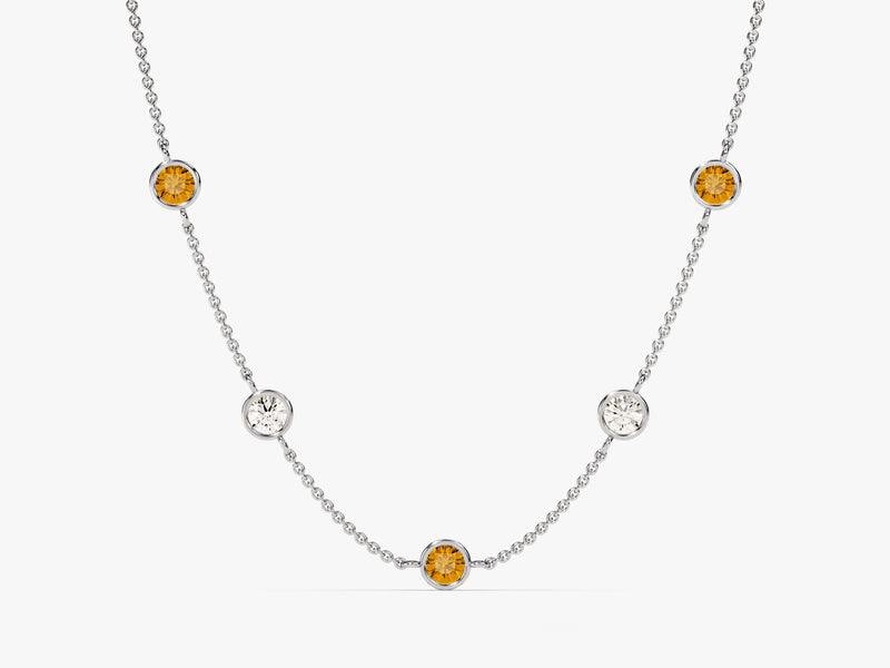 Bezel Set Birthstone Station Necklace in 14k Solid Gold