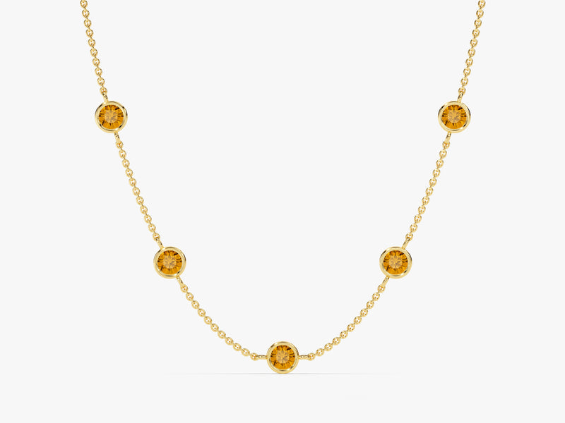 Bezel Set Citrine Station Necklace in 14k Solid Gold