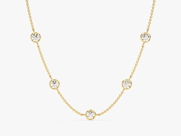 Bezel Set Diamond Birthstone Station Necklace in 14k Solid Gold
