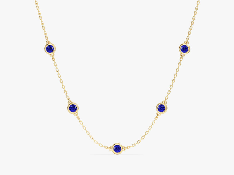 Bezel Set Sapphire Station Necklace in 14k Solid Gold