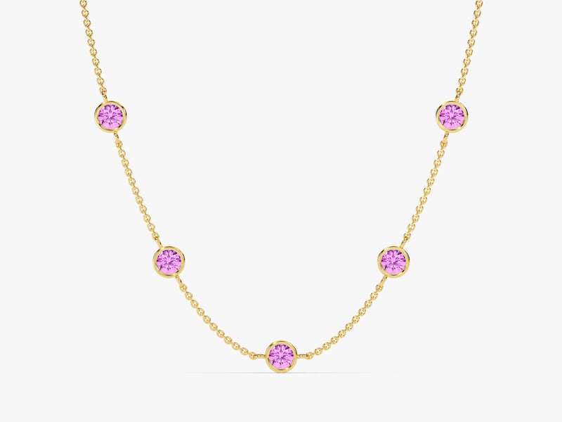 Bezel Set Pink Tourmaline Station Necklace in 14k Solid Gold