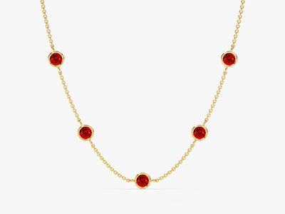 Bezel Set Garnet Station Necklace in 14k Solid Gold