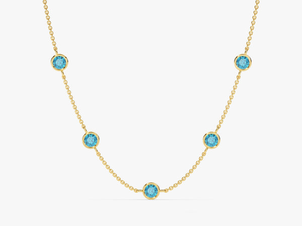 Bezel Set Blue Topaz Station Necklace in 14k Solid Gold