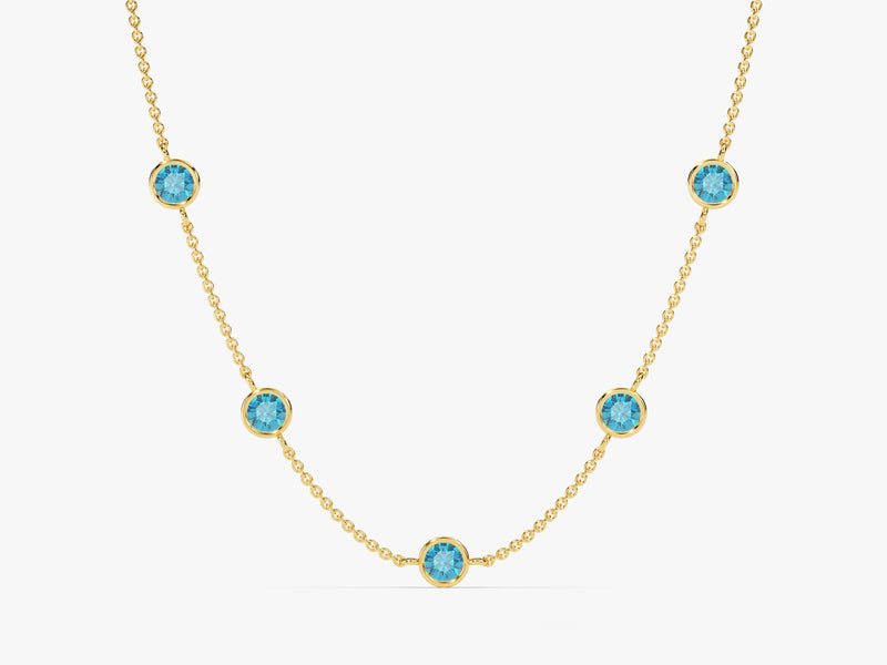 Bezel Set Blue Topaz Station Necklace in 14k Solid Gold