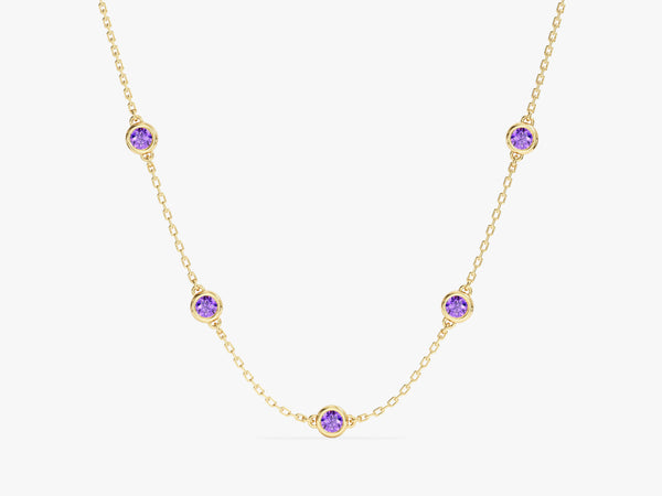 Bezel Set Amethyst Station Necklace in 14k Solid Gold
