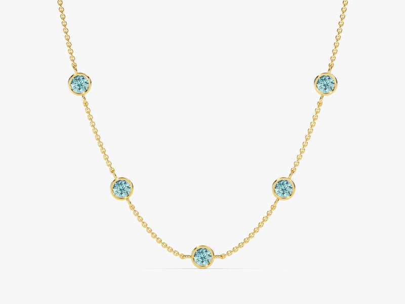 Bezel Set Aquamarine Station Necklace in 14k Solid Gold