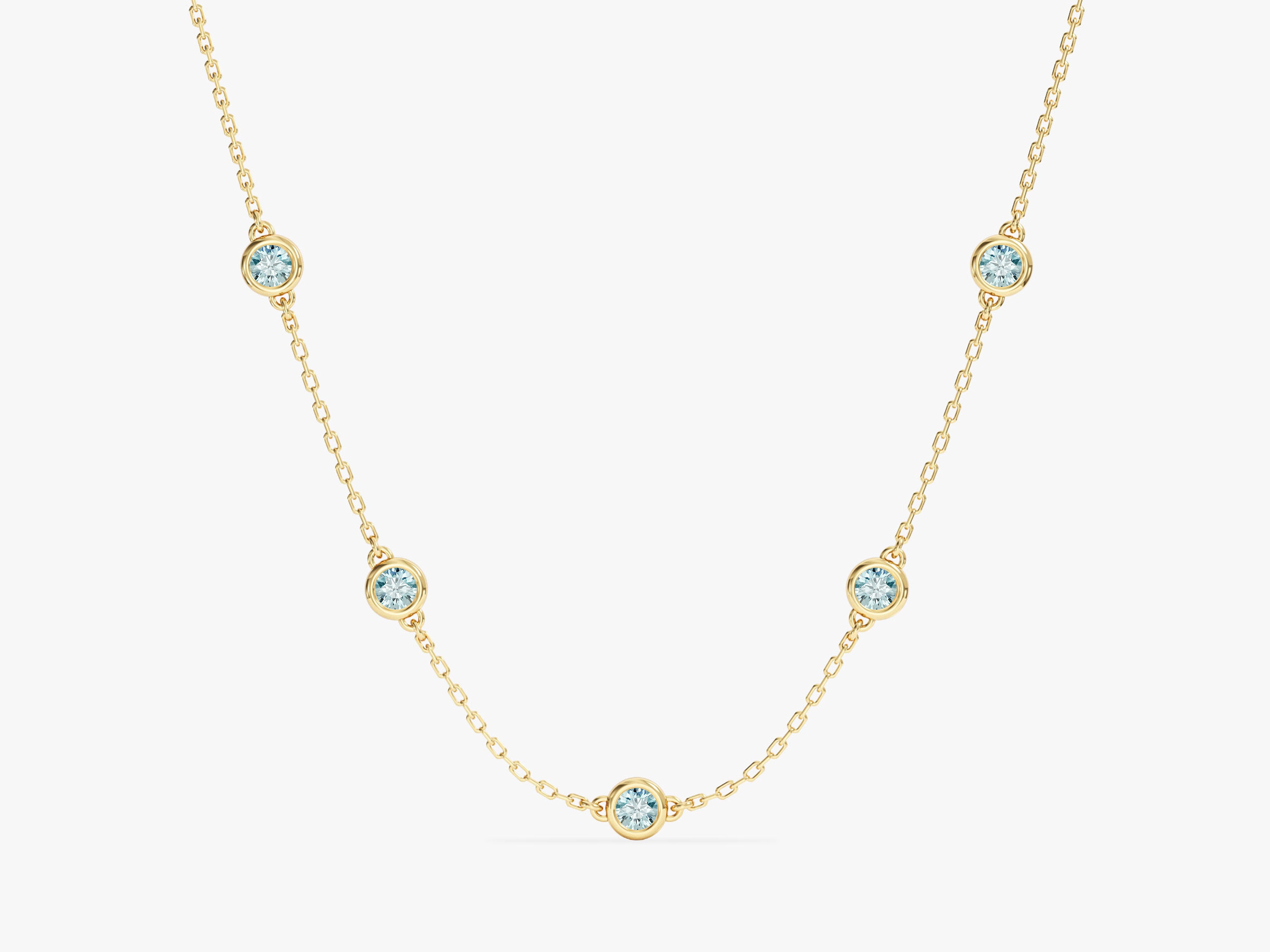 Bezel Set Aquamarine Station Necklace in 14k Solid Gold