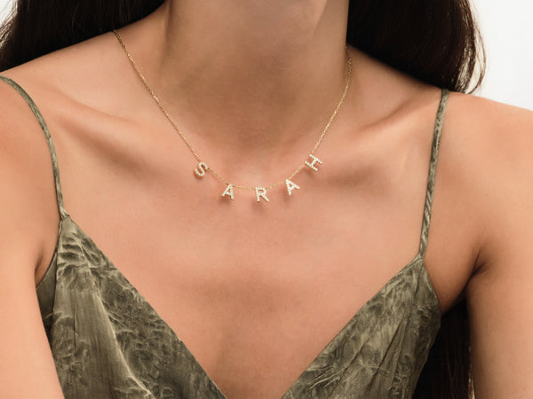 Diamond Birthstone Name Necklace in 14k Solid Gold